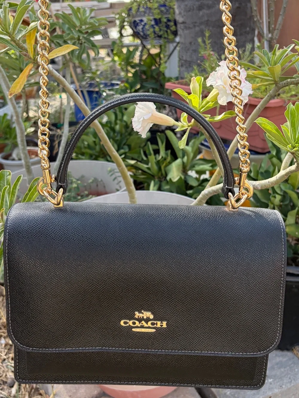 COACH Black Leather Top-Handle Satchel with Gold Hardware